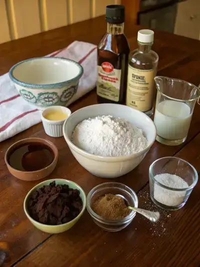 Ingredients for Chocolate Depression Cake arranged on a kitchen table.