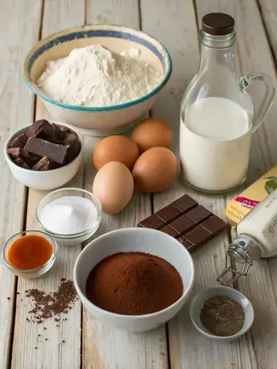 A collection of ingredients for chocolate ganache cake displayed on a kitchen table.