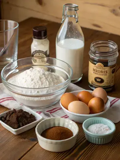 Ingredients for Chocolate Mayonnaise Cake arranged on a kitchen table, including flour, sugar, cocoa powder, mayonnaise, eggs, and vanilla extract.