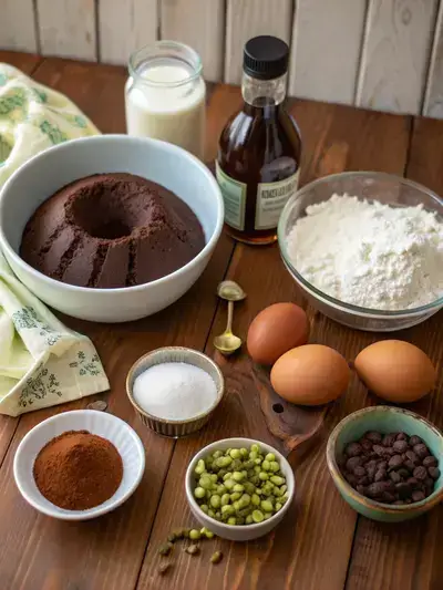 Ingredients for chocolate pistachio bundt cake displayed on a kitchen table.