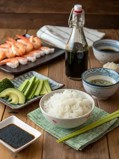 A variety of sushi ingredients including rice, nori, shrimp, avocado, and cucumber on a kitchen table.