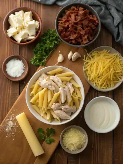 A variety of ingredients for crack chicken penne pasta laid out on a kitchen table.