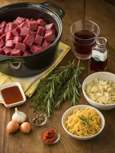 A variety of fresh ingredients for Crock Pot Beef and Noodles displayed on a kitchen table.