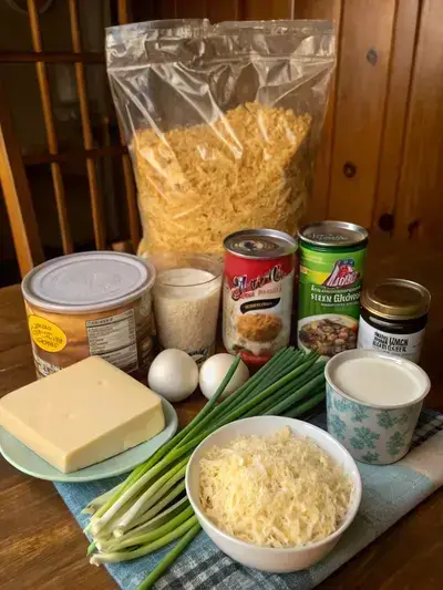 Ingredients for Crockpot Hashbrown Casserole displayed on a kitchen table.