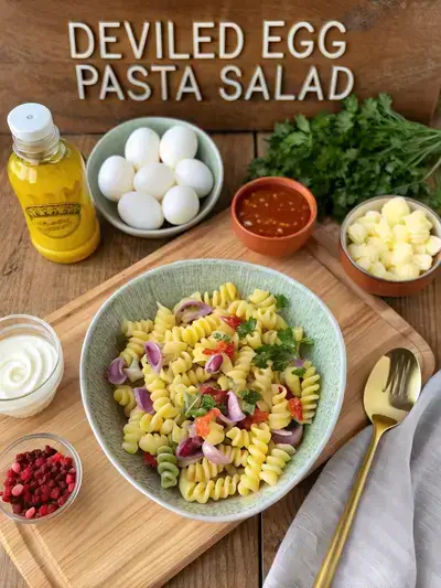 A vibrant assortment of ingredients for DEVILED EGG PASTA SALAD displayed on a kitchen table.