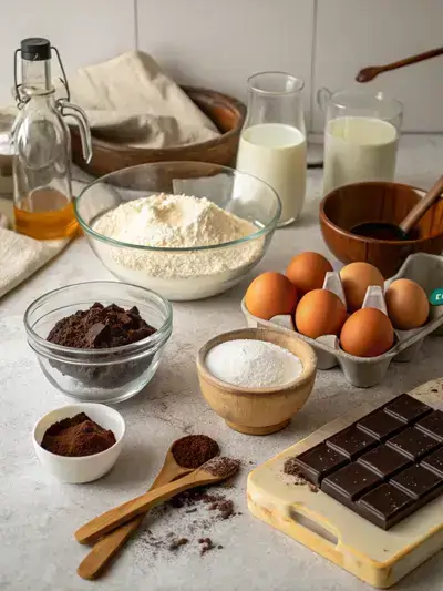 A display of ingredients for Dark Chocolate Cake on a kitchen table, including flour, cocoa powder, sugar, eggs, milk, and melted dark chocolate.