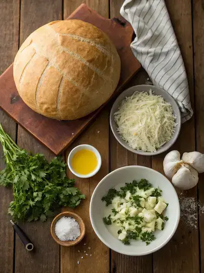 Ingredients for Pull Apart Garlic Bread displayed on a kitchen table.