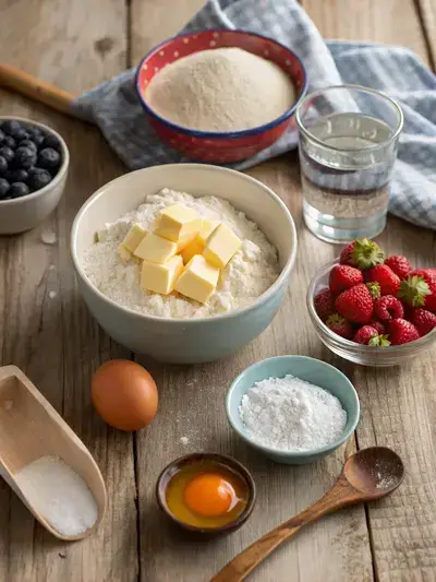 A collection of tartlet ingredients including flour, butter, sugar, and fresh fruit on a kitchen table.