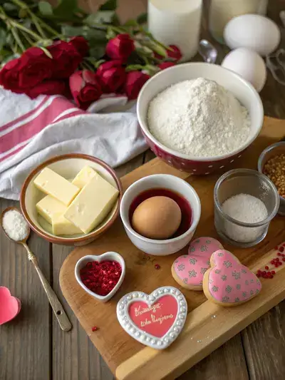 Ingredients for VALENTINE COOKIES displayed on a kitchen table, including butter, sugar, egg, flour, and decorations.