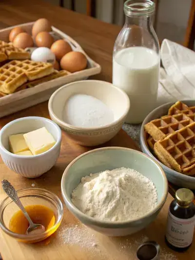 Ingredients for wheat waffles displayed on a kitchen table.