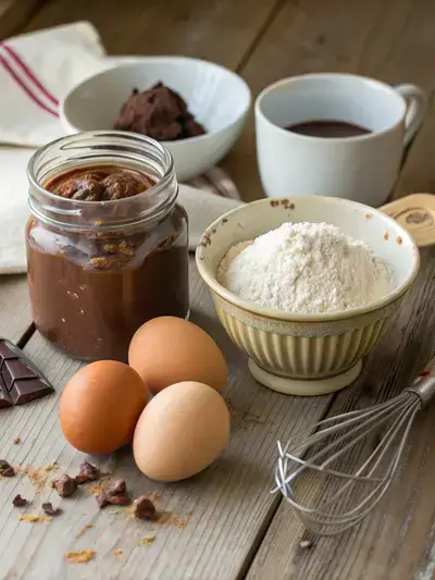 Ingredients for 3 ingredient brownies displayed on a kitchen table, including Nutella, eggs, and flour.