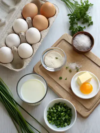 Fresh ingredients for egg patties on a kitchen table.