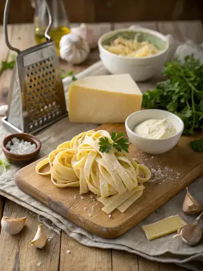 Fresh ingredients for fettuccine Alfredo on a kitchen table.