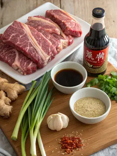 Ingredients for Plate Short Ribs displayed on a kitchen table.