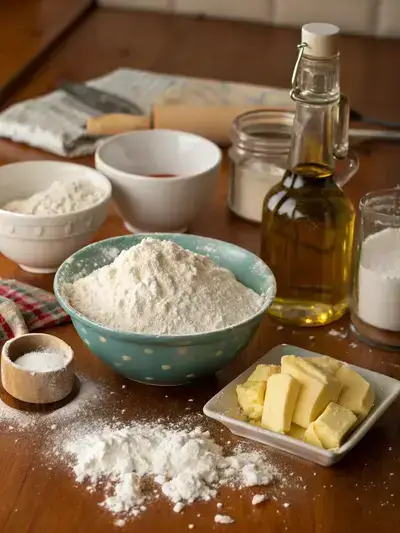 Ingredients for fried dough arranged on a kitchen table, including flour, sugar, salt, baking powder, butter, warm water, and oil.