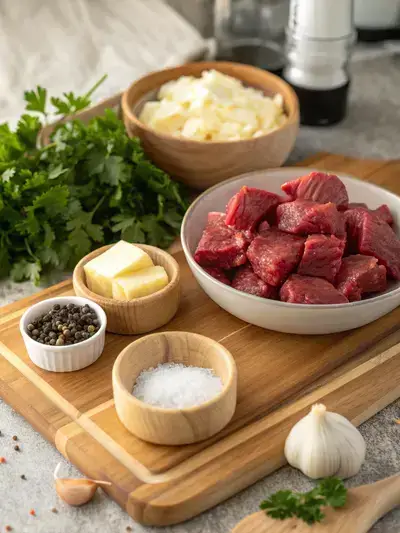 Ingredients for garlic butter steak bites displayed on a kitchen table.