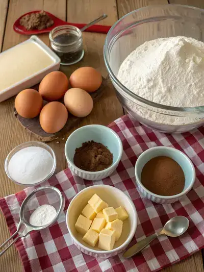 A collection of baking ingredients for German cake displayed on a rustic kitchen table.