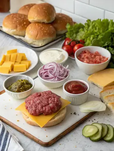 A vibrant assortment of ingredients for holy cow burgers laid out on a kitchen table.
