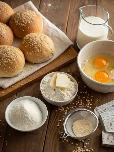 Ingredients for hamburger buns displayed on a kitchen table.
