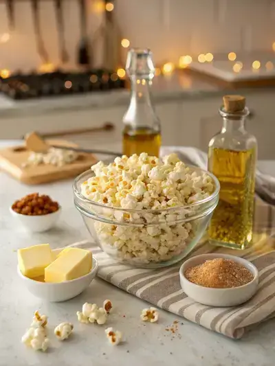 Ingredients for movie popcorn displayed on a kitchen table.