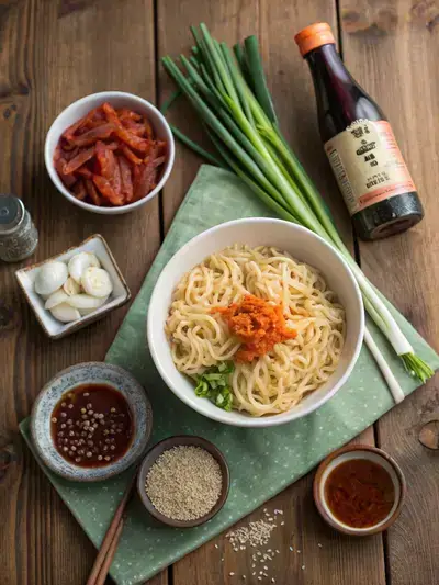 Ingredients for kimchi noodles displayed on a kitchen table.