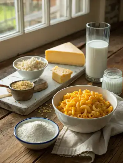 Ingredients for Macaroni and Cheese displayed on a kitchen table.