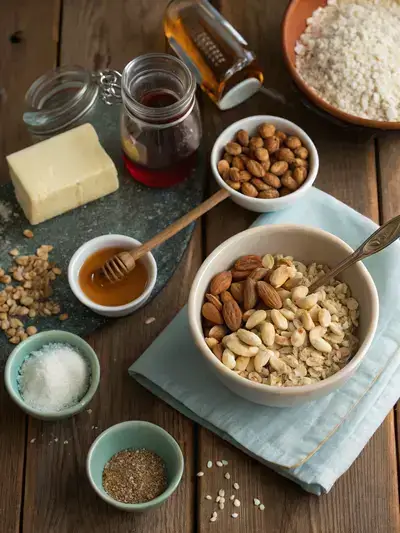 Ingredients for nut bar displayed on a kitchen table, including oats, mixed nuts, honey, butter, brown sugar, vanilla extract, and salt.