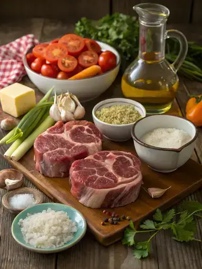 Ingredients for osso buco arranged on a kitchen table, including veal shanks, vegetables, and seasonings.