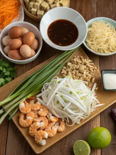 A vibrant assortment of Pad Thai ingredients laid out on a kitchen table.