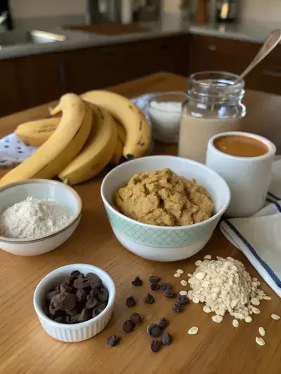 Ingredients for peanut butter banana cookies displayed on a kitchen table, including bananas, peanut butter, oats, baking powder, salt, and chocolate chips.