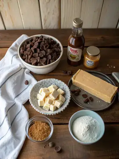 Ingredients for Peanut Butter Cup Pie arranged on a kitchen table.