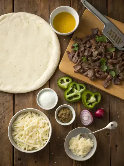 Ingredients for Philly Cheese Steak Pizza displayed on a kitchen table.