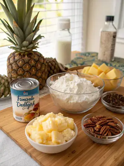 A vibrant display of ingredients for pineapple delight, including crushed pineapple, cream cheese, powdered sugar, vanilla extract, whipped topping, shredded coconut, and chopped pecans.