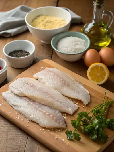 Ingredients for pollock fish preparation displayed on a kitchen table.