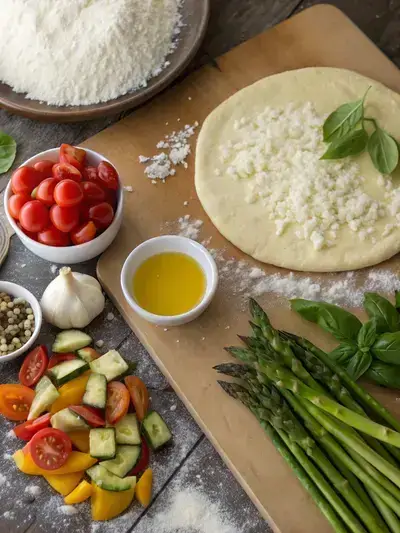 Fresh ingredients for primavera pizza displayed on a kitchen table.