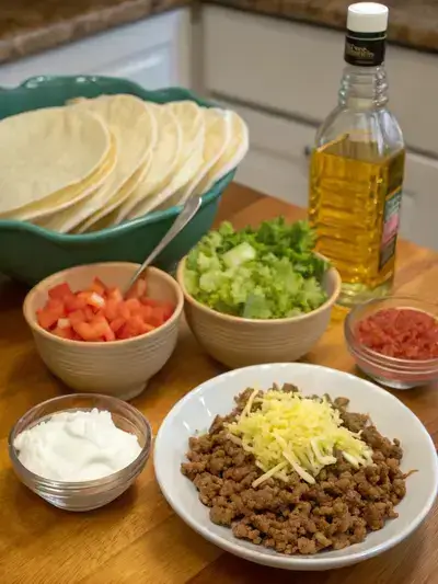 A kitchen table filled with fresh ingredients for making puffy tacos, including masa harina, vegetables, and toppings.