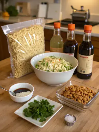 Ingredients for Ramen Noodle Salad displayed on a kitchen table, including ramen noodles, coleslaw mix, sliced almonds, green onions, cilantro, and various dressings.