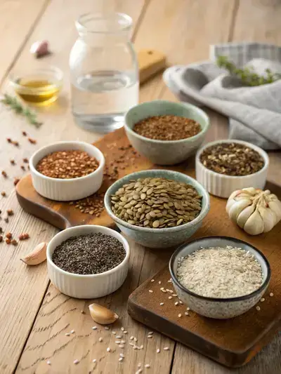 An assortment of seeds and ingredients for making seed crackers on a kitchen table.