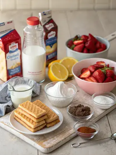 Ingredients for strawberry eclair cake arranged on a kitchen table, including pudding mix, milk, whipped topping, graham crackers, strawberries, and more.