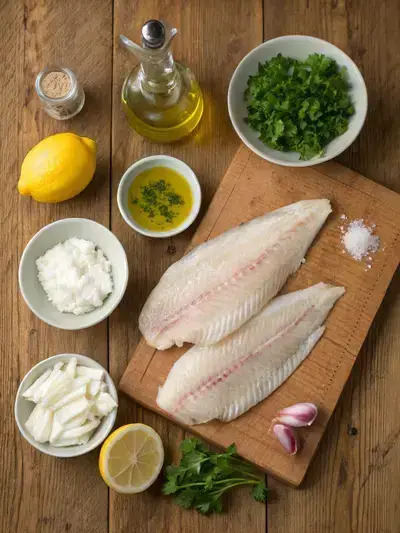 Ingredients for stuffed sole displayed on a kitchen table, including sole fillets, cream cheese, parsley, lemon, shallot, and more.