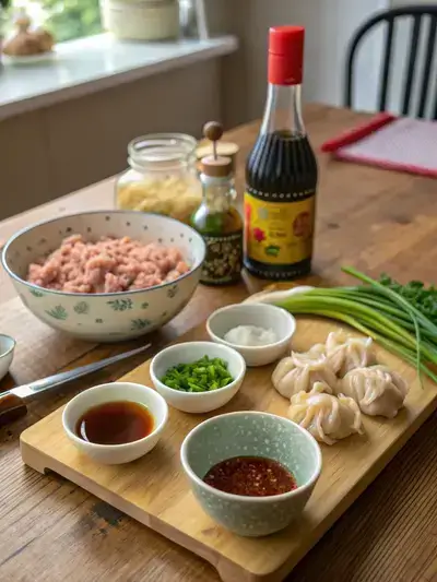 Fresh ingredients for szechuan dumplings arranged on a kitchen table.