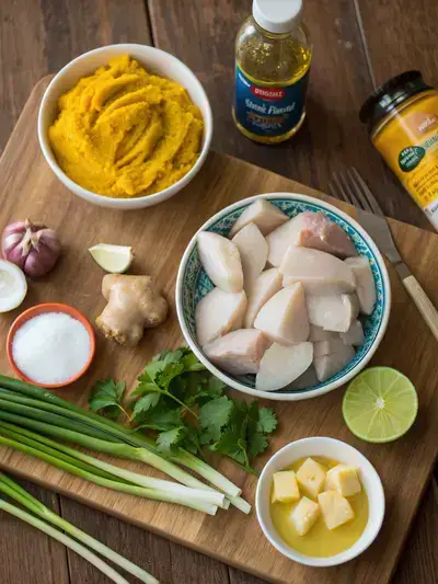 Ingredients for Thai yellow curry displayed on a kitchen table, including curry paste, coconut milk, chicken, vegetables, and herbs.