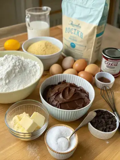 A collection of ingredients for vanilla cake chocolate frosting displayed on a kitchen table.