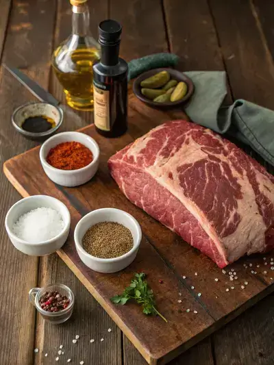 Whole brisket on a wooden table with spices and ingredients for seasoning.