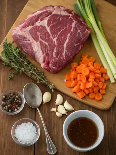 Ingredients for chuck eye roast displayed on a kitchen table.