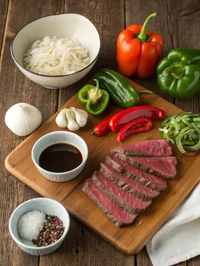 Fresh ingredients for Pepper Steak displayed on a kitchen table.