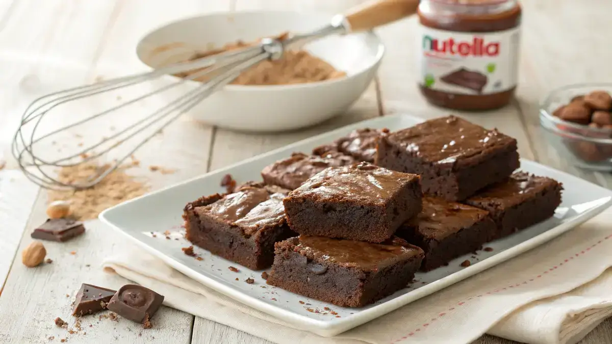 Delicious 3 ingredient brownies on a rustic wooden table with Nutella and a mixing bowl in the background.