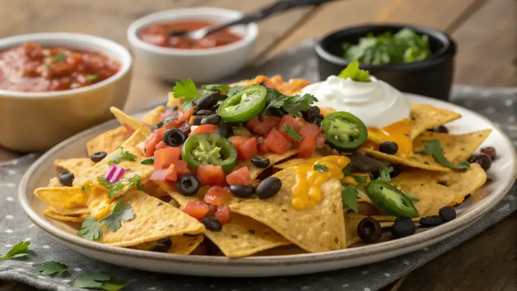Delicious air fryer nachos topped with cheese, beans, and fresh vegetables.