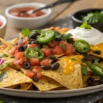 Delicious air fryer nachos topped with cheese, beans, and fresh vegetables.