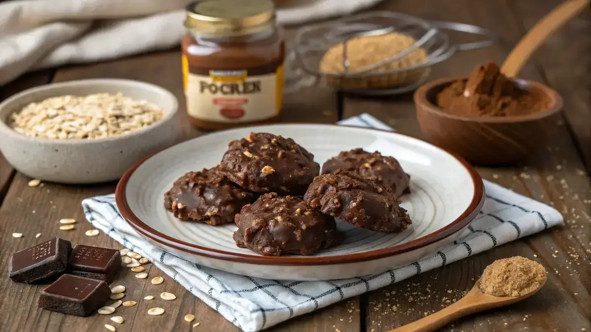 A plate of chocolate peanut butter no bake cookies with oats and cocoa powder in the background.